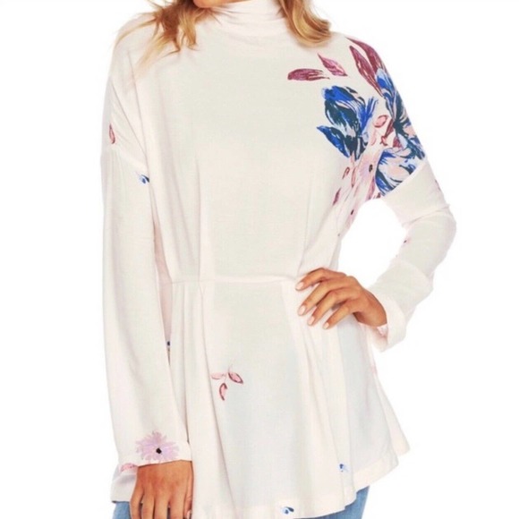 Free People Gemma Tunic Mini Dress‎ Ivory LARGE Floral Mock Neck Keyhole Back - Picture 3 of 16